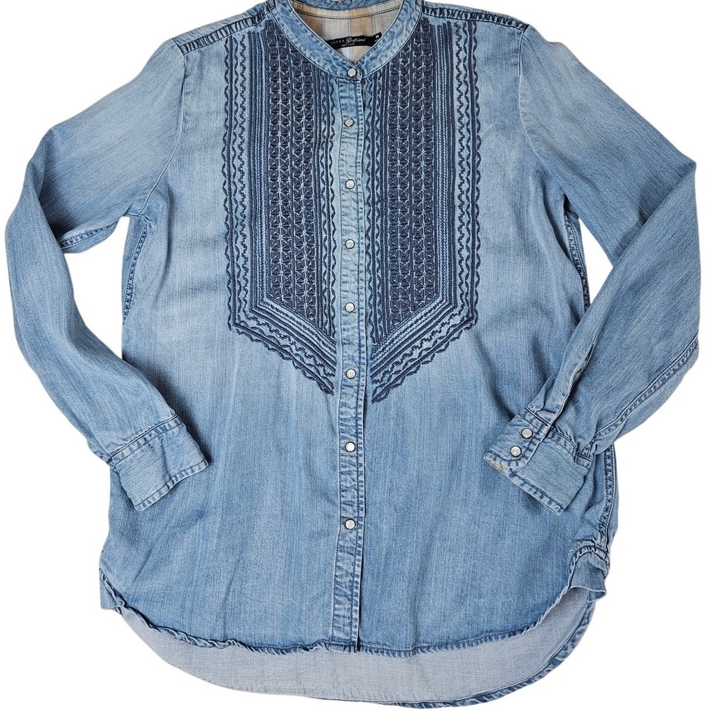 Jachs Girlfriend Denim Shirt Embroidered Lyocell Western Snap Front Sz M Boho